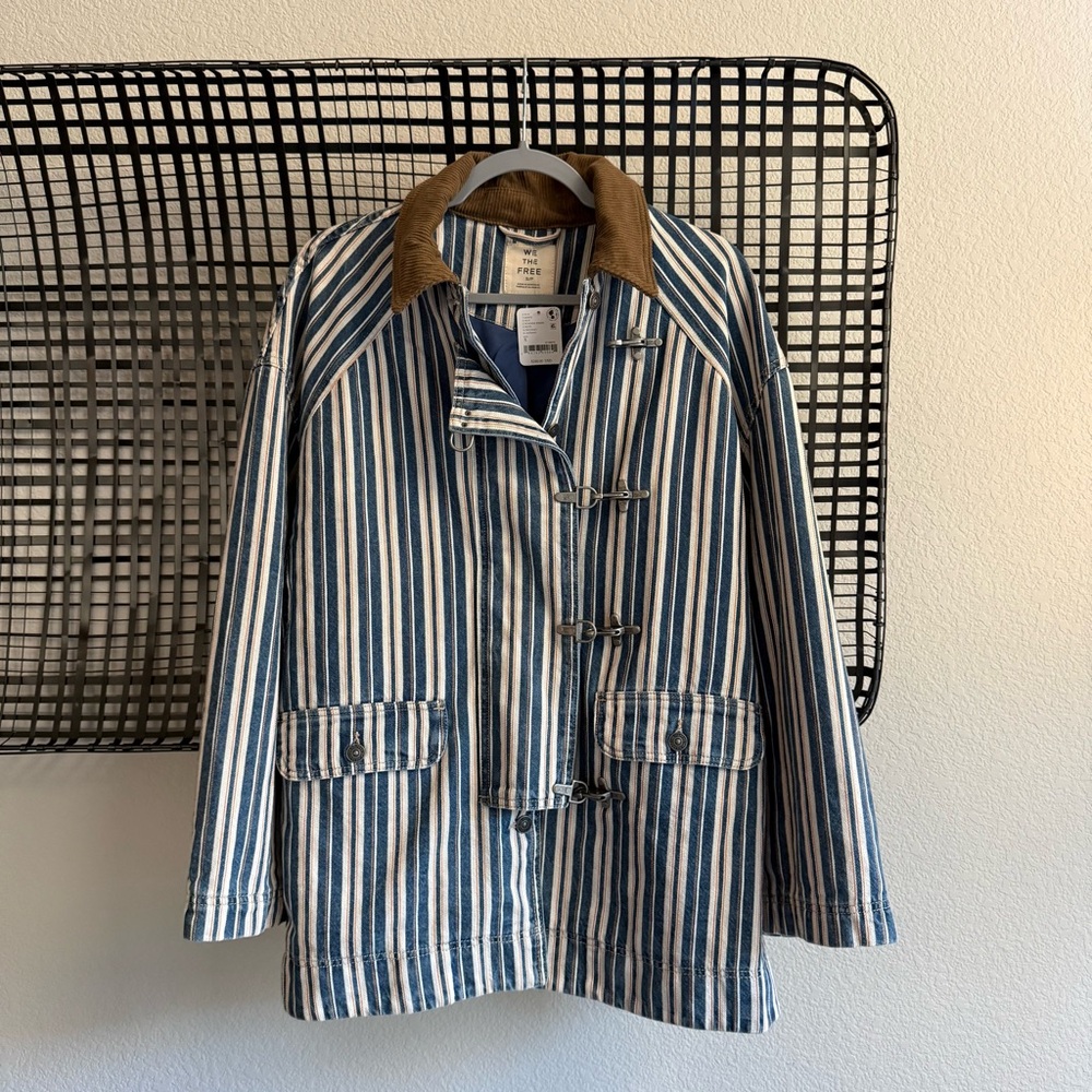 Free People Blue and White Striped Jean Jacket with Brown Corduroy Collar - Picture 3 of 8
